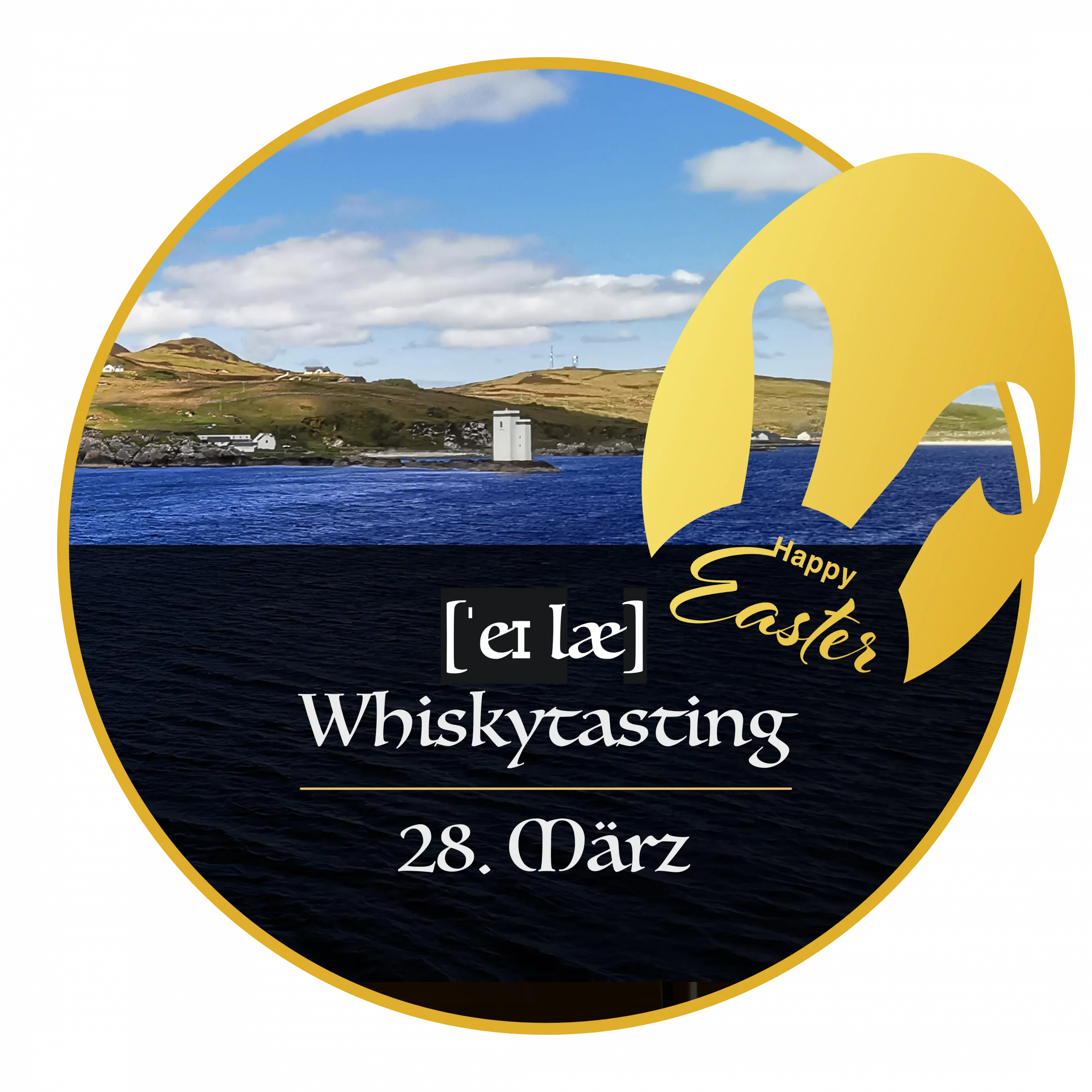 Grafik für das Special Islay Whisky Tasting zu Ostern mit dem Foto der Insel Islay und einem Osterei